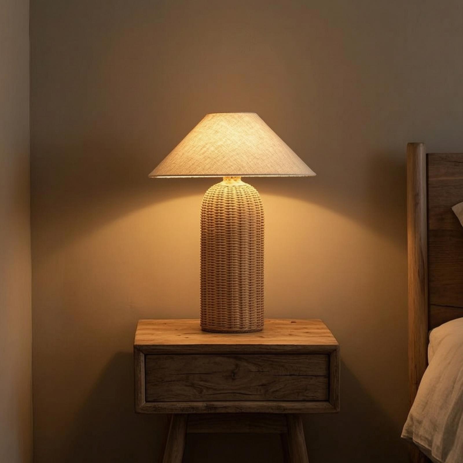 Bedroom Furniture - مصباح طاولة جانبي بقاعدة من الروطان