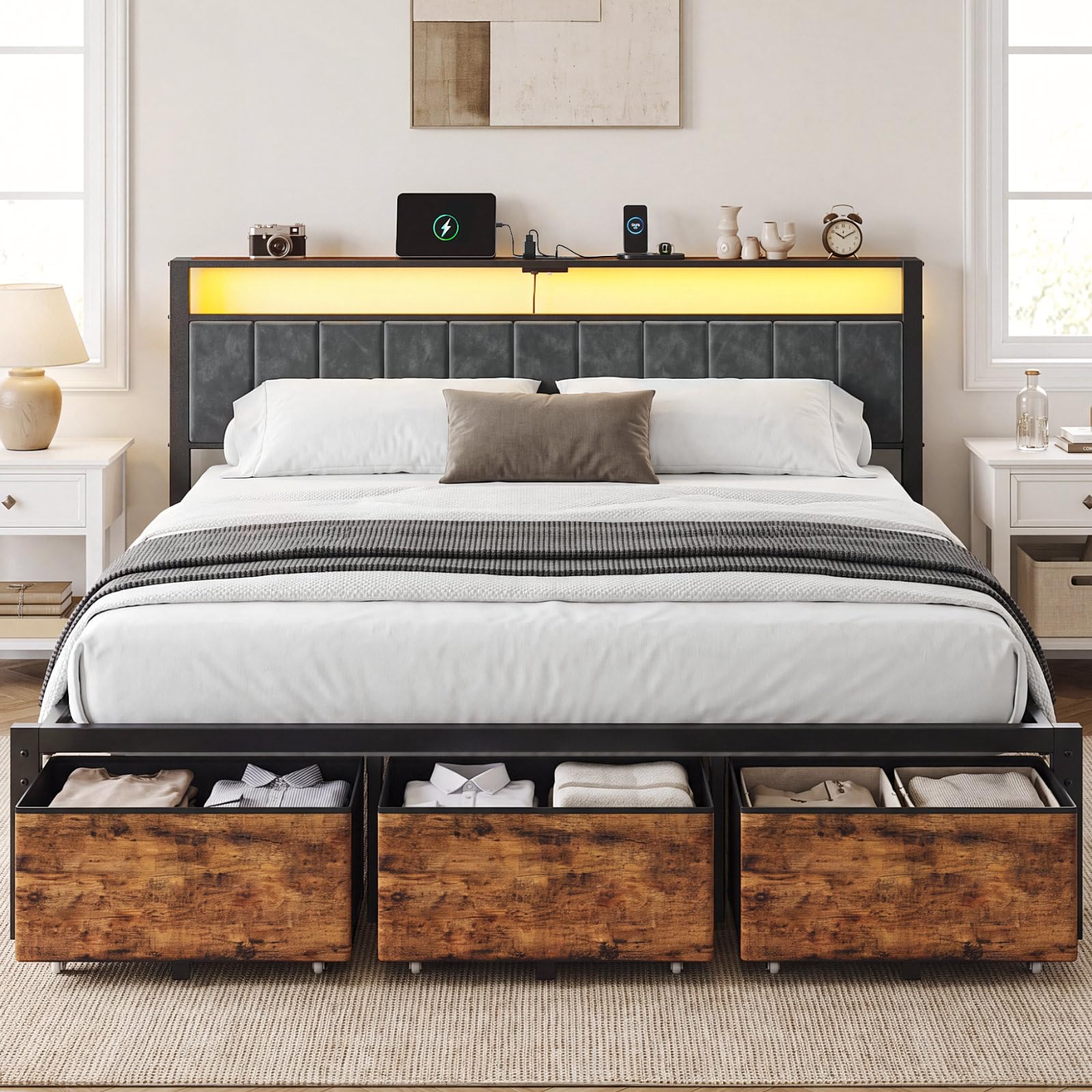 King Size Bed Frame With Storage Drawers - إطار سرير بحجم كينج مع مسند