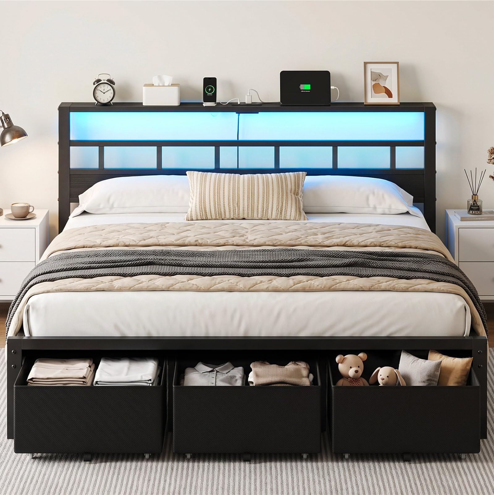King Size Bed Frame With Storage Drawers - إطار سرير بحجم كينج مع 3